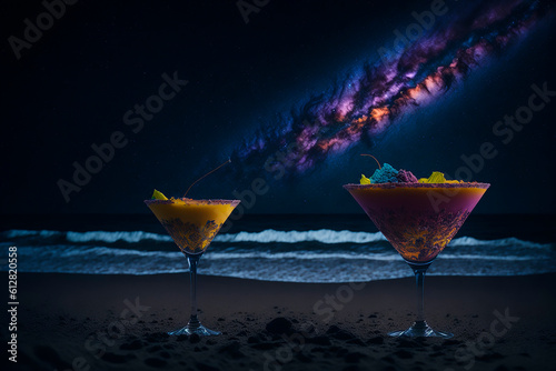 Delicious cocktails are on the beach at the night time with beautiful Milky Way and many stars on background . Generative AI technology