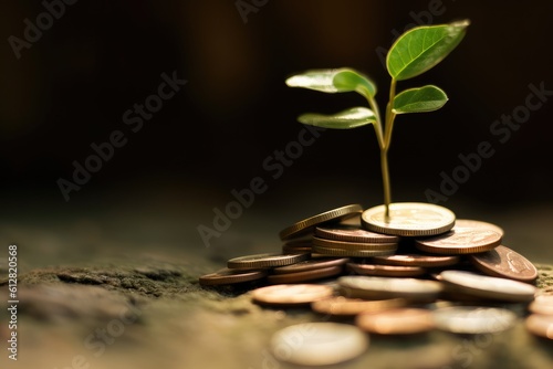 An image that represents the idea of financial growth and investment by photographing a sprouting plant or tree growing out of a pile of coins. Generative AI