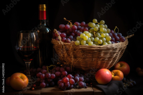 Wine and Grapes. Glass of Red Wine, Bottle of Wine, Basket with ripe Grapes and Fruit on the table on a black background, still life