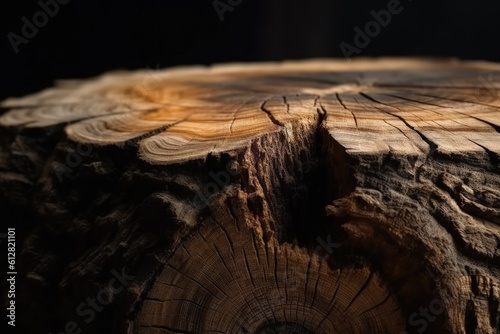 a close up of a tree stump with a black background, generative AI