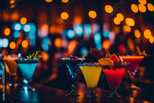 Many various cocktails are on the bar counter at the night time in the bar with bokeh effect on background. Generative AI technology