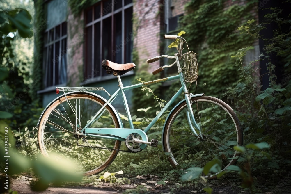 a bicycle on the street in a eco friendly city standing in front of a house. Generative AI
