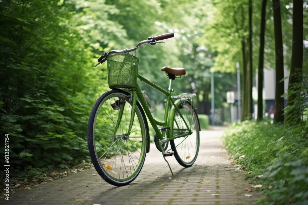 a bicycle on the street in a eco friendly city in a park. Generative AI