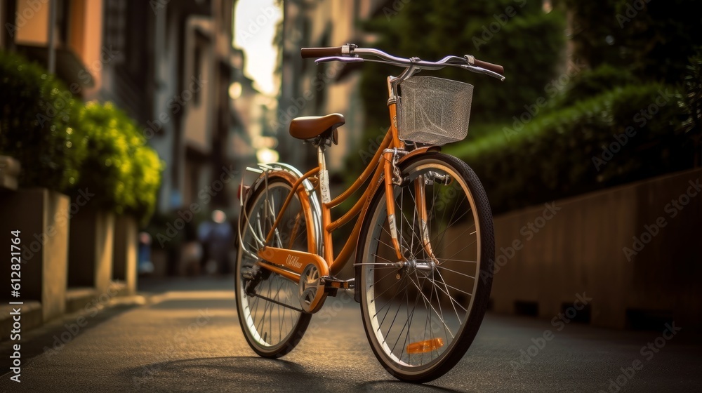 a bicycle on the street in a eco friendly city in a park. Generative AI