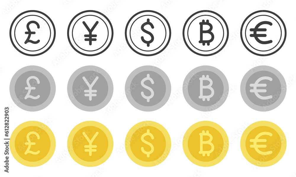 Vector different currency coins - Dollar, pound, euro, yen, bitcoin. Collection of vector money icons isolated on white. Vector different currency coins - Dollar, pound, euro, yen, bitcoin. Collection of vector money icons isolated on white.