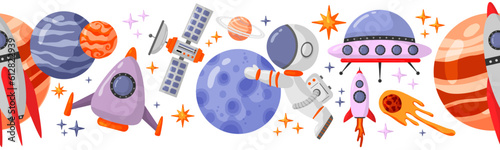 Astronaut and space seamless pattern with space elements. Seamless pattern for design, posters, backgrounds astronaut and space. Planet, comet, galaxy, alienships.