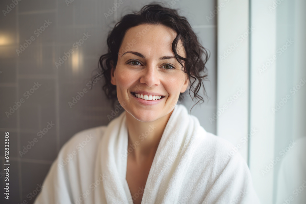 Smiling woman posing in front of the shower. Generative AI. Smiling woman posing in front of the shower. Generative AI.