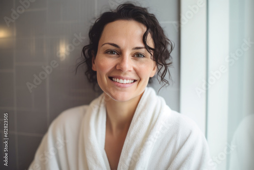 Smiling woman posing in front of the shower. Generative AI.