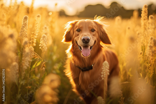 Joyful dog in a vibrant summer field. The field is a vast expanse of lush green grass, bathed in warm sunlight. Ai generated