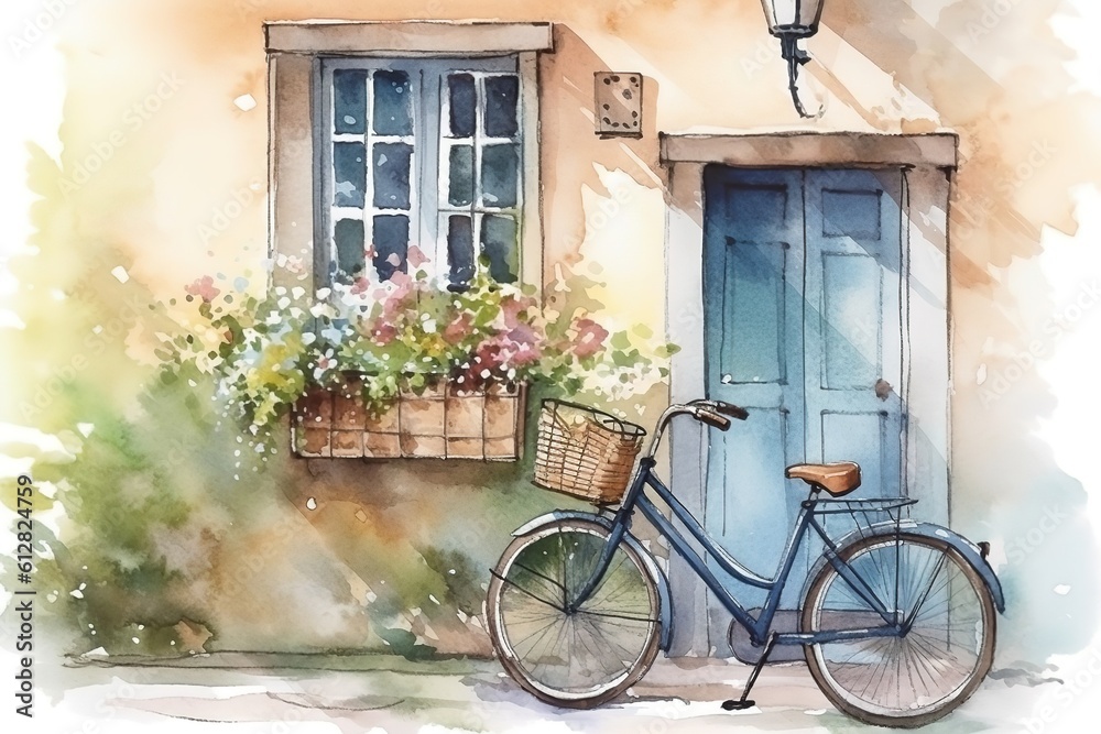 watercolor illustration of a bicycle with a basket of drains near the door to the house and the window with flowers. generated ai watercolor illustration of a bicycle with a basket of drains near the door to the house and the window with flowers. generated ai