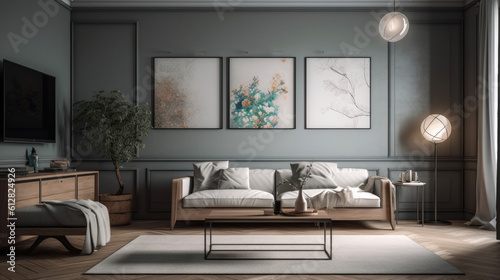 Modern minimalistic living room. Generative AI © piai