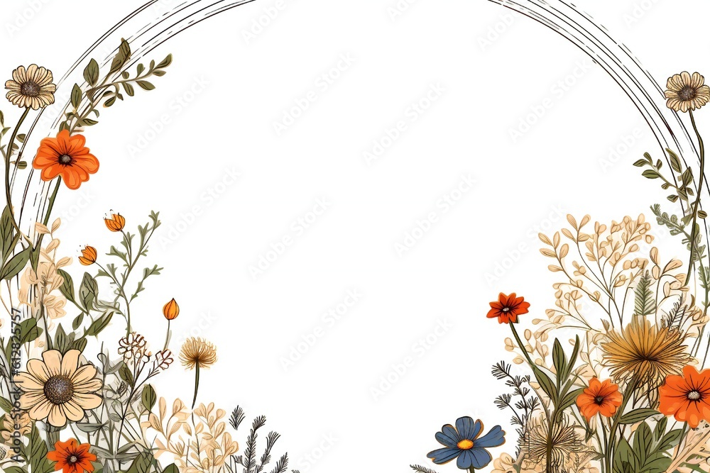 Fototapeta premium Thin line art empty floral border on white background Generative AI