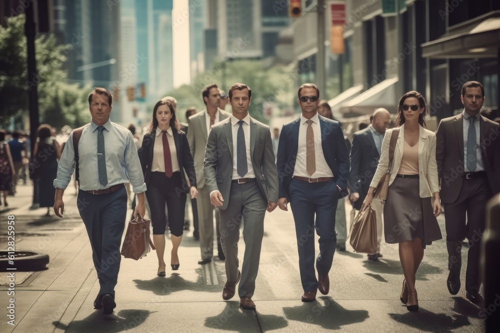 group of business people walking on a street in a city with skyscraper and buildings in the background. Generative AI group of business people walking on a street in a city with skyscraper and buildings in the background. Generative AI