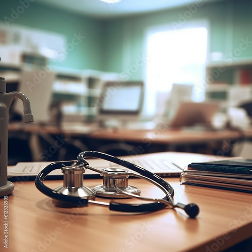 a doctor's stethoscope on a table in a hospital room created with Generative Ai