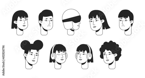 Young adult expressions monochrome flat linear character heads bundle. Listen music. Editable outline people icons. Line users faces. 2D cartoon spot vector avatar illustration pack for animation