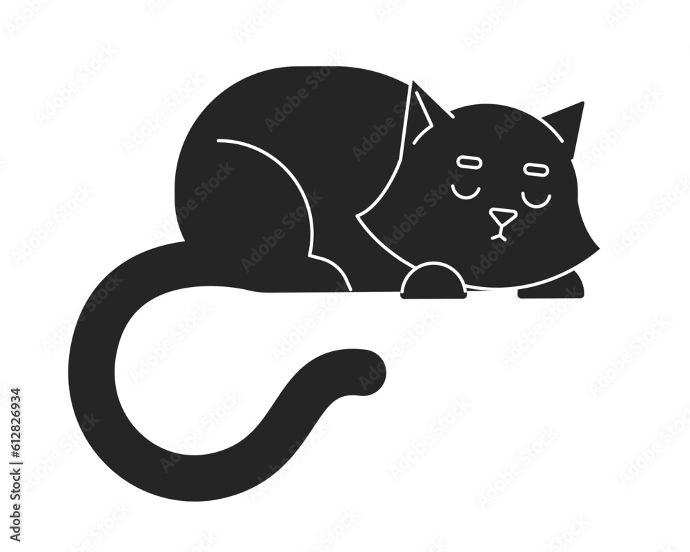 Cute black cat sleeping flat monochrome isolated vector object. Resting adorable pet. Cozy