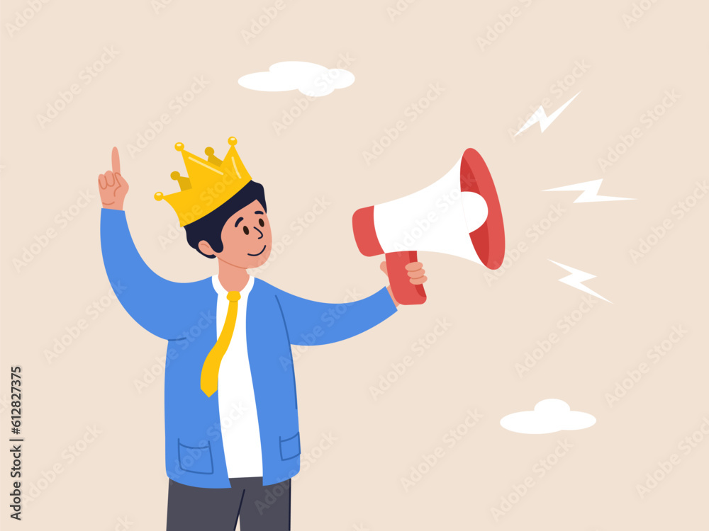 CEO concept. Big boss or company president, chief executive officer, employer, leadership or manager, bossy management, furious businessman boss shouting on megaphone while pointing direction. CEO concept. Big boss or company president, chief executive officer, employer, leadership or manager, bossy management, furious businessman boss shouting on megaphone while pointing direction.
