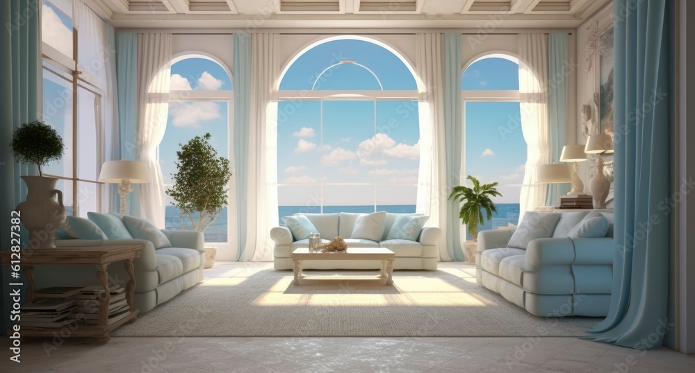 Fototapeta premium Modern luxury home showcase living room with ocean view