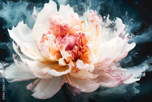 Splash of colored ink in water in shape of peony. Mixing paints in water. Abstract colorful gradient floral blossom background for wallpaper, poster, product packaging or presentations. Generative AI