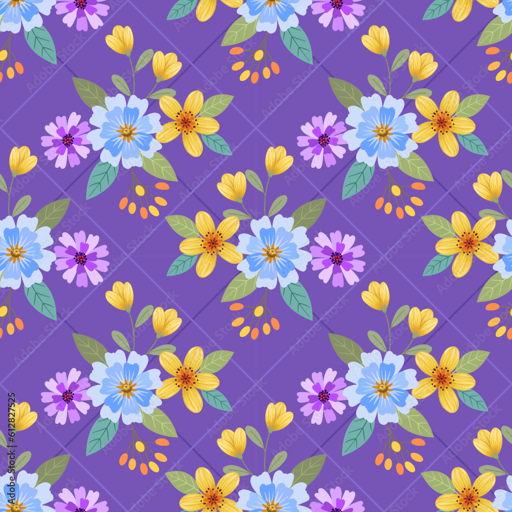 Beautiful blooming flowers on purple color background seamless pattern. Can be used for fabric textile wallpaper.