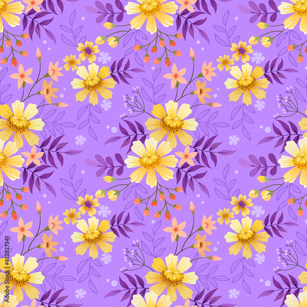 Yellow and oranger flowers on purple color background for fabric textile wallpaper.