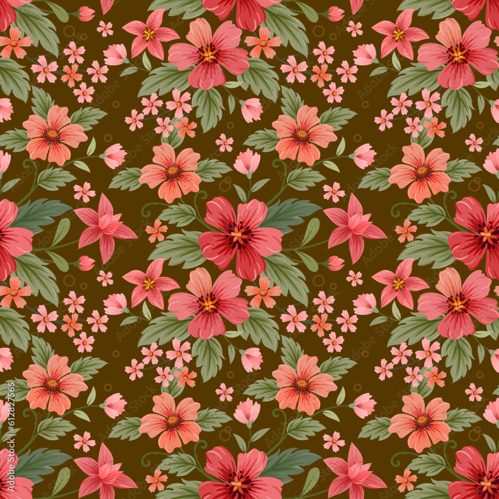 Red flowers and green leaf on brown color background seamless pattern.
