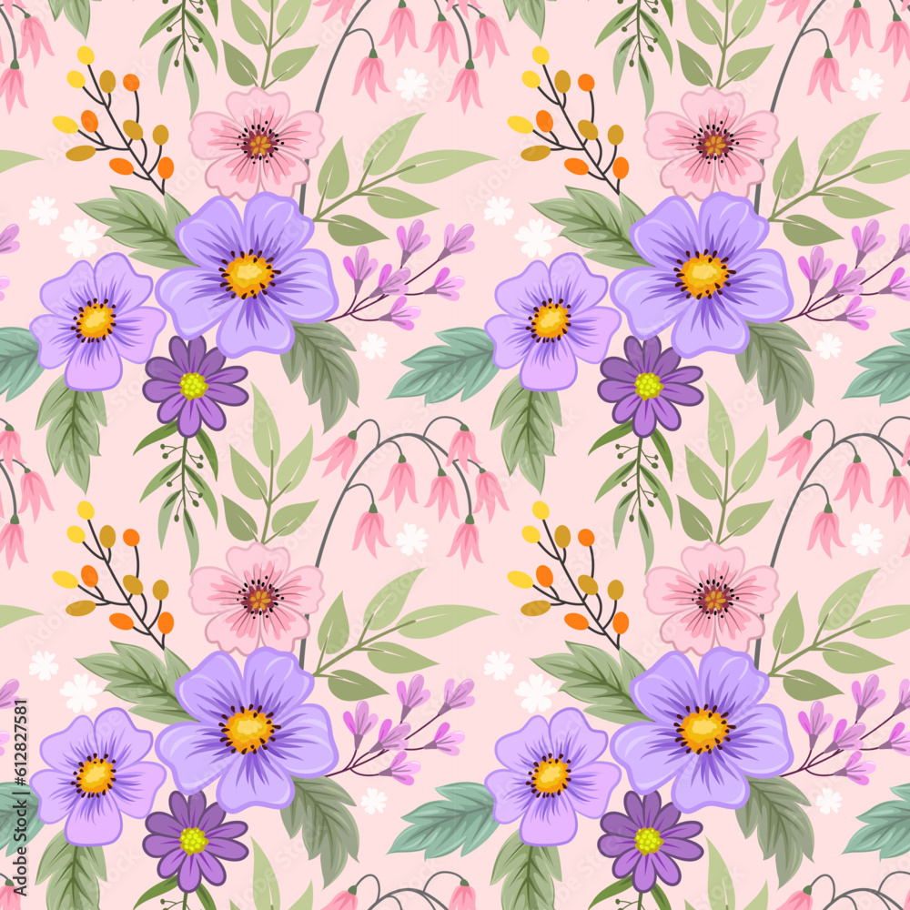 Colorful hand draw flowers seamless pattern. Can be used for fabric textile wallpaper.