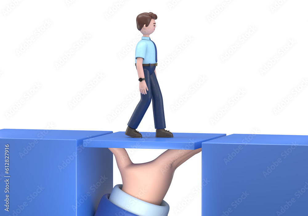 Fototapeta premium 3D illustration of smiling Asian man Felix.Two businessmen solved the problem of overcoming the abyss. Symbol of working together, cooperation, partnership.Teamwork concept. Business helping. 