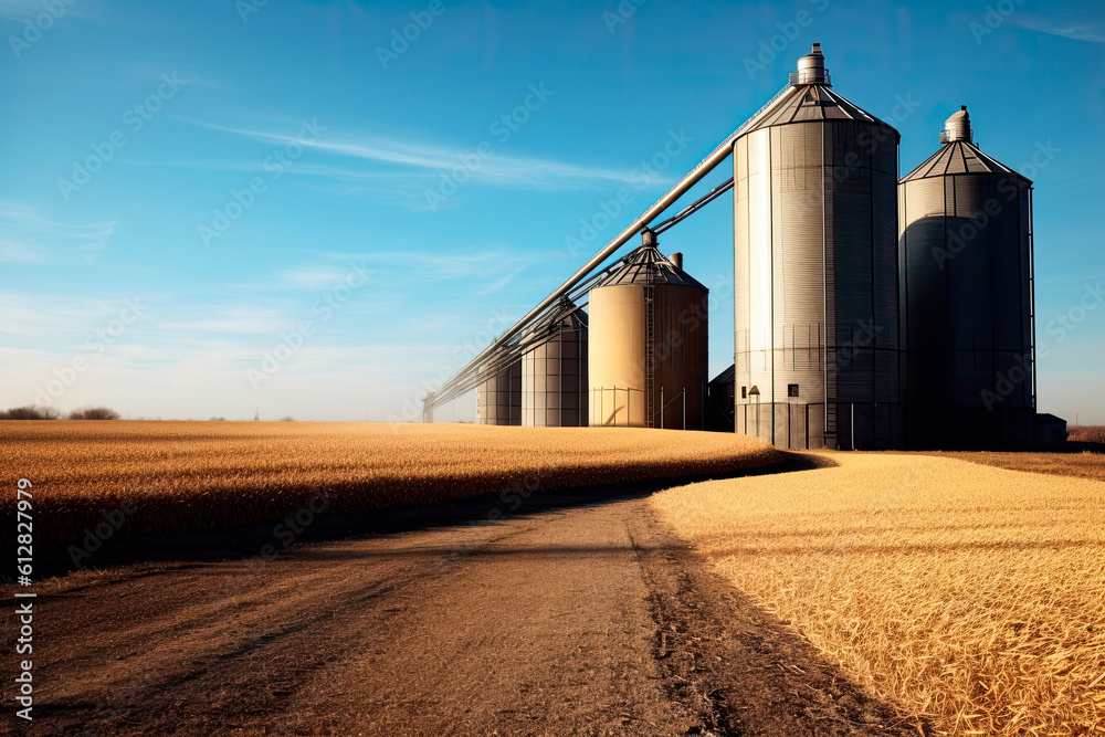 Grain deal concept, metal grain storage stands in a field Grain deal concept, metal grain storage stands in a field