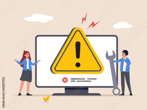 System error concept. Software problem or system failure, security alert or hardware fault to be fixed, caution or maintenance, young technician holding wrench fix system failure message on computer.