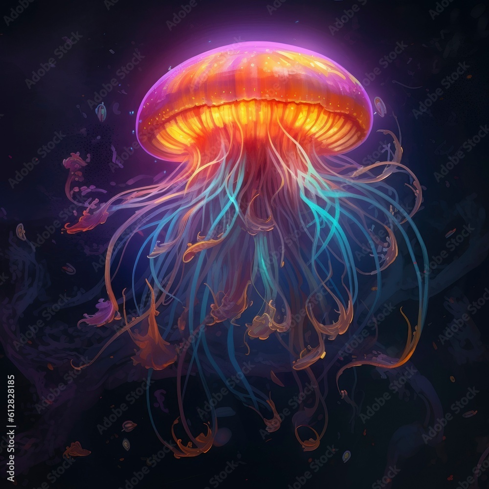 Jellyfish in black sea illustration digital painting