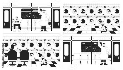 Rail travel, laundromat black and white lo fi chill wallpaper set. Washing machines, train passengers 2D vector cartoon characters illustrations, minimalism background. 80s retro album art pack