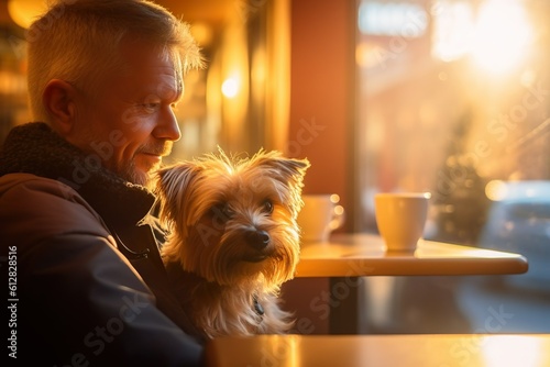 Dog and its owner sitting in a pet-friendly cafe created with Generative AI technology