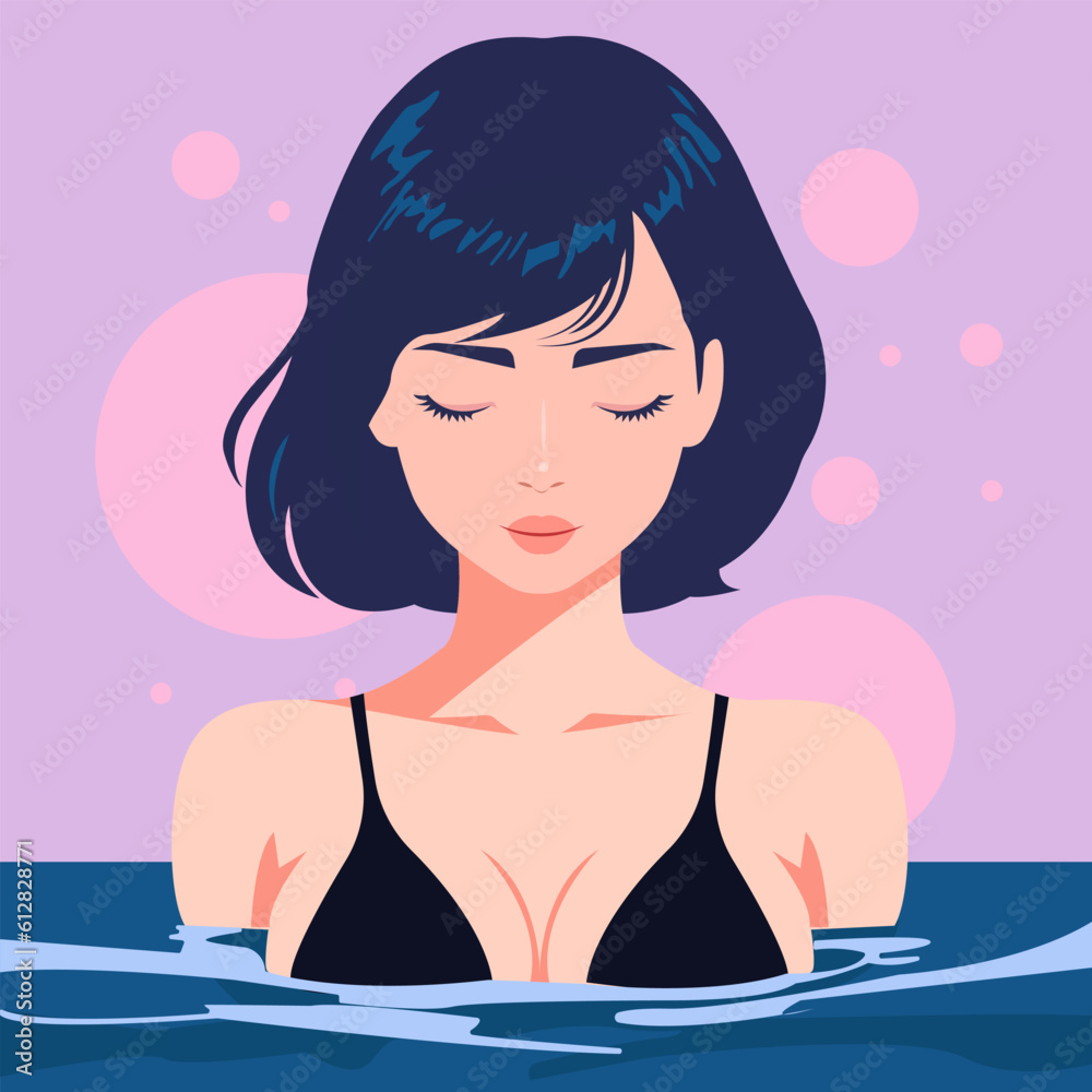 Vector illustration in a flat cartoon style, a young cute short-haired woman with a beautiful body and bare shoulders is swimming in the pool. Vector illustration in a flat cartoon style, a young cute short-haired woman with a beautiful body and bare shoulders is swimming in the pool.
