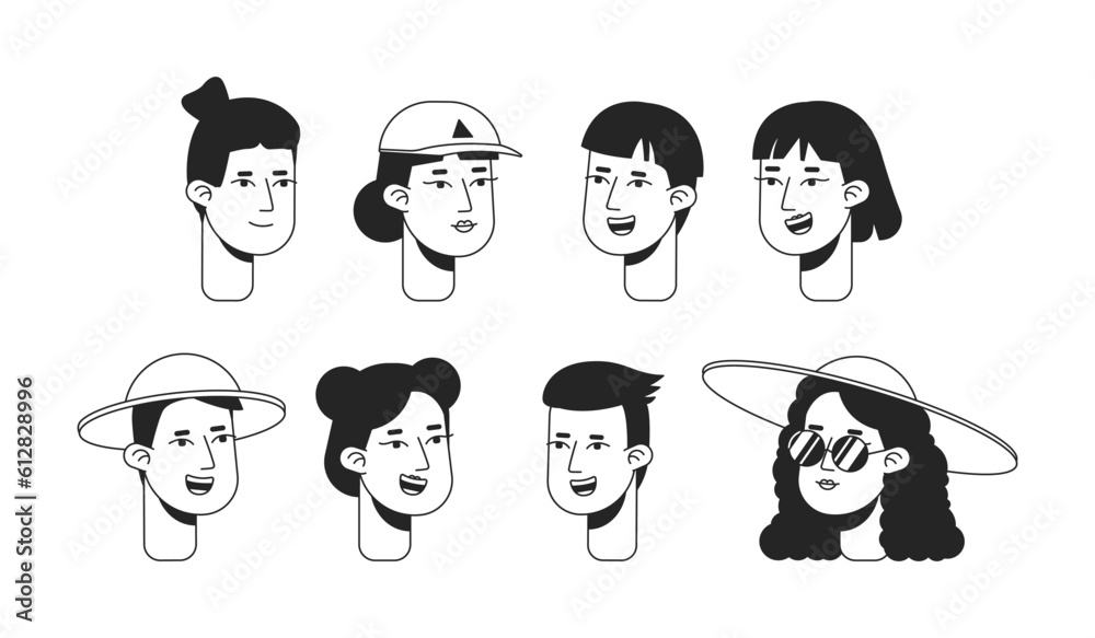 Summer vacation monochrome flat linear character heads bundle. Asian tourist. Holiday maker. Editable outline people icons. Line users faces. 2D cartoon spot vector avatar illustration pack Summer vacation monochrome flat linear character heads bundle. Asian tourist. Holiday maker. Editable outline people icons. Line users faces. 2D cartoon spot vector avatar illustration pack