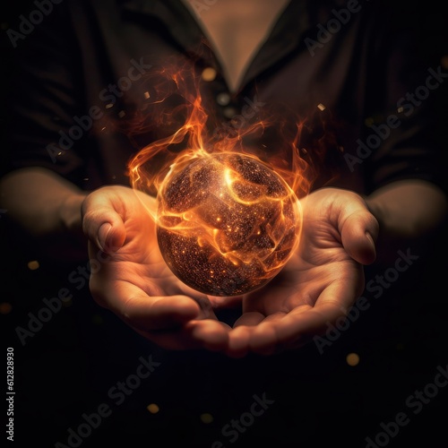 Wizard's hand interacting with a floating magical orb. Digital illustration.