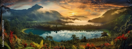 sunrise over a lake on a mountain  in the style of traditional balinese motifs