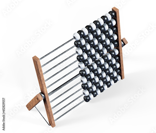 3D rendering illustration of a Ancient Suanpan Chinese abacus; with metal rods and unions, wooden structure and movable beads for different operations and mathematical calculations. photo