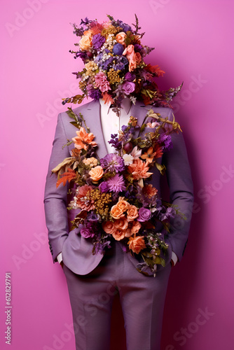 A man in a business suit with flowers instead of his head. Contemporary art collage. Concept of career, work, growth, business motivation, nature president. Generative AI.