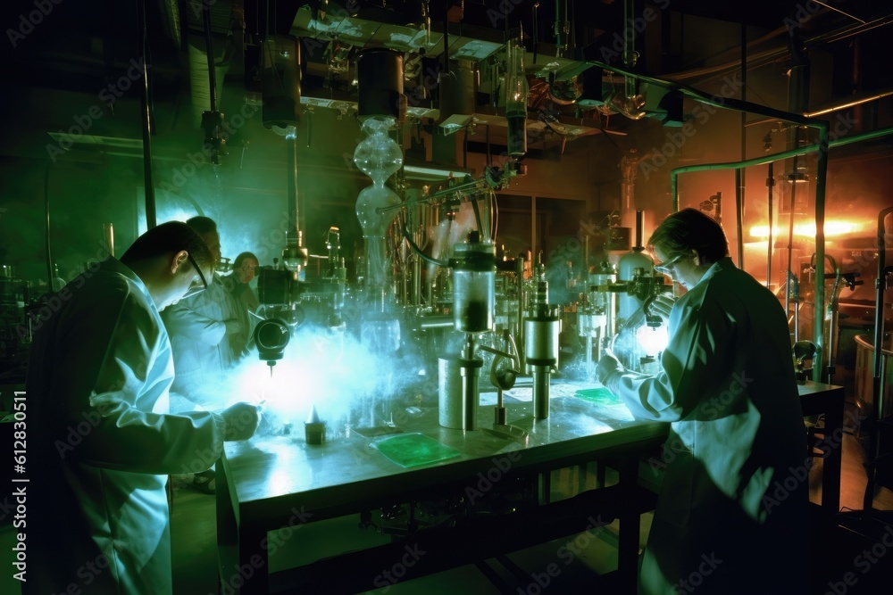 Team of scientists conducting experiments in a chemistry lab. Generative AI Team of scientists conducting experiments in a chemistry lab. Generative AI