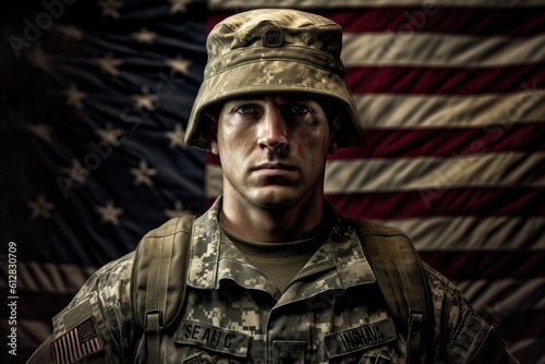 American soldier in uniform standing tall and saluting, with the American flag in the background. Generative AI