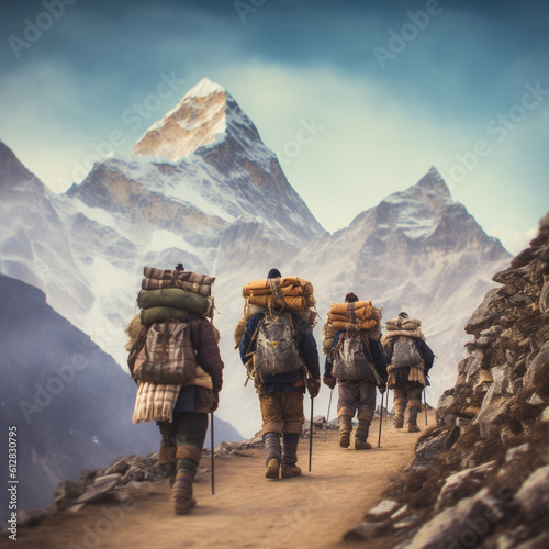 Sherpas in the mountains. Generative AI.