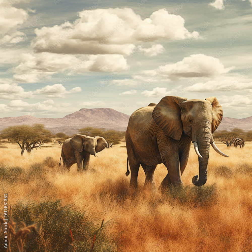 Fototapeta premium Elephants in the savannah. Generative AI.