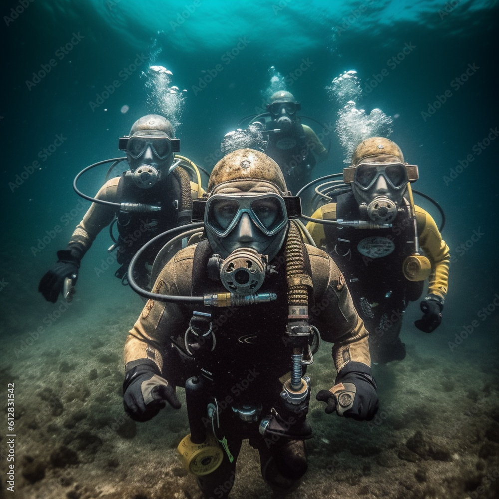 Group of scuba divers. Generative AI.
