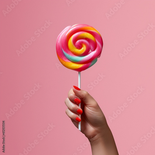 Hand picking up a lollipop. Generative AI.