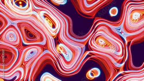 Abstract psychedelic background, curved multi-colored lines, neon glow.