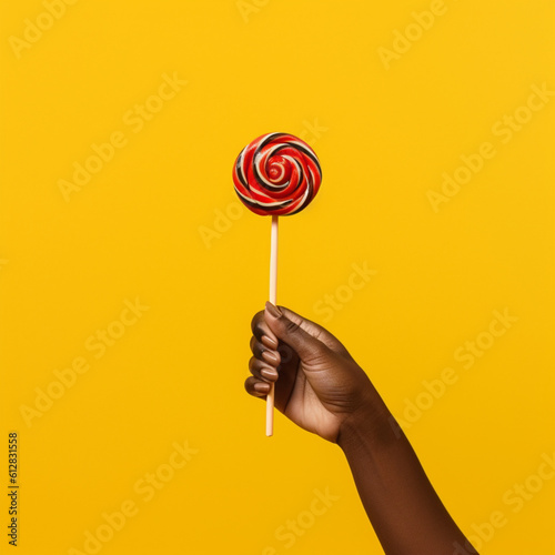 Hand picking up a lollipop. Generative AI.