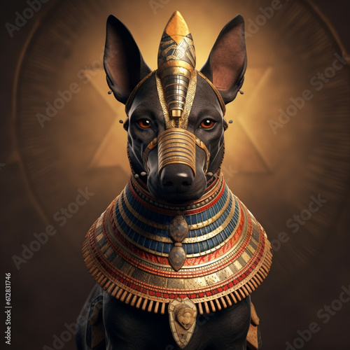 Egyptian dog. Dog in Egyptian clothing. Pharaoh. Generative AI.