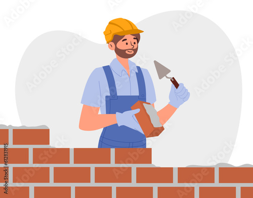 Stonemason work with bricks concept. Man in uniform and protective helmet with spade builds wall. Construction and engineering, architecture, building. Cartoon flat vector illustration