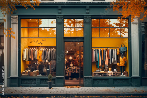 Fototapeta Contemporary Fashion Boutique on a Charming Autumn Street, Frontal View from Sid